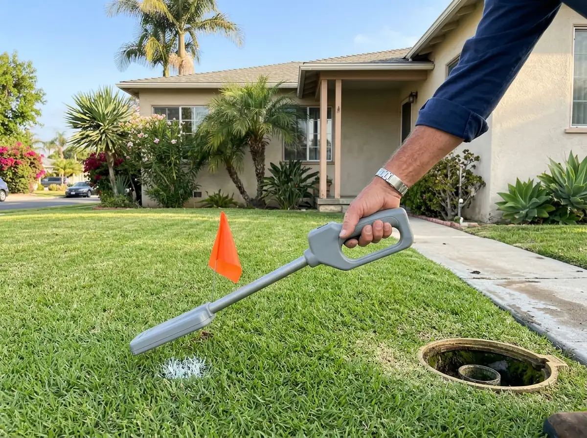 Handheld gray pipe locator held over a green lawn in front of a stucco house, a small paint mark and a marker flag on the grass above the buried sewer line