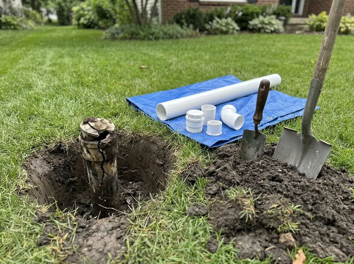 Small hole dug in a lawn exposing a cracked old cleanout riser with a broken cap, a new white riser and fittings laid on a tarp beside it
