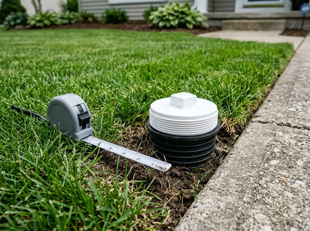 Close view of a new threaded cleanout cap and plastic riser set level with the grass beside a concrete walk, a gray tape measure next to it