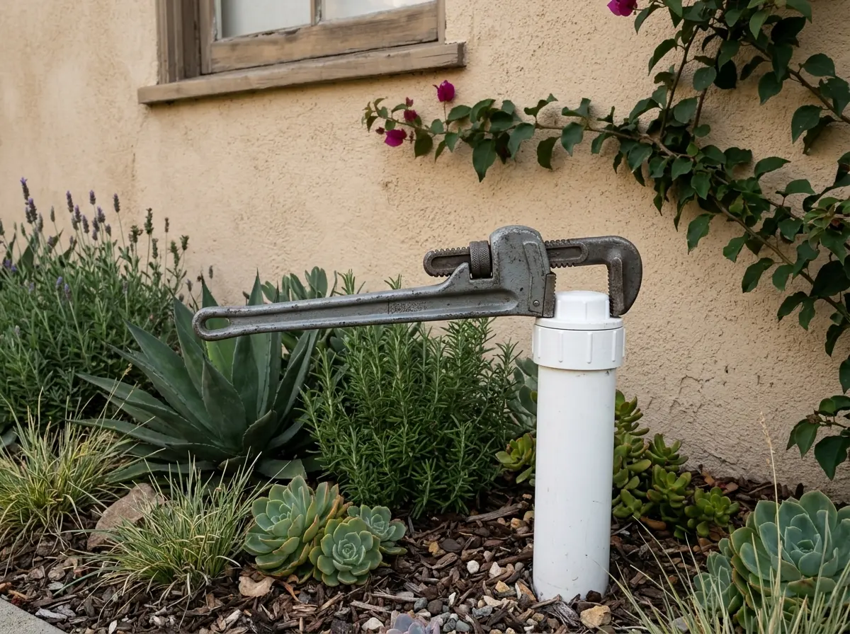 Single capped white cleanout pipe rising from a planter bed against the stucco wall of a single-story house, a gray pipe wrench resting on the cap