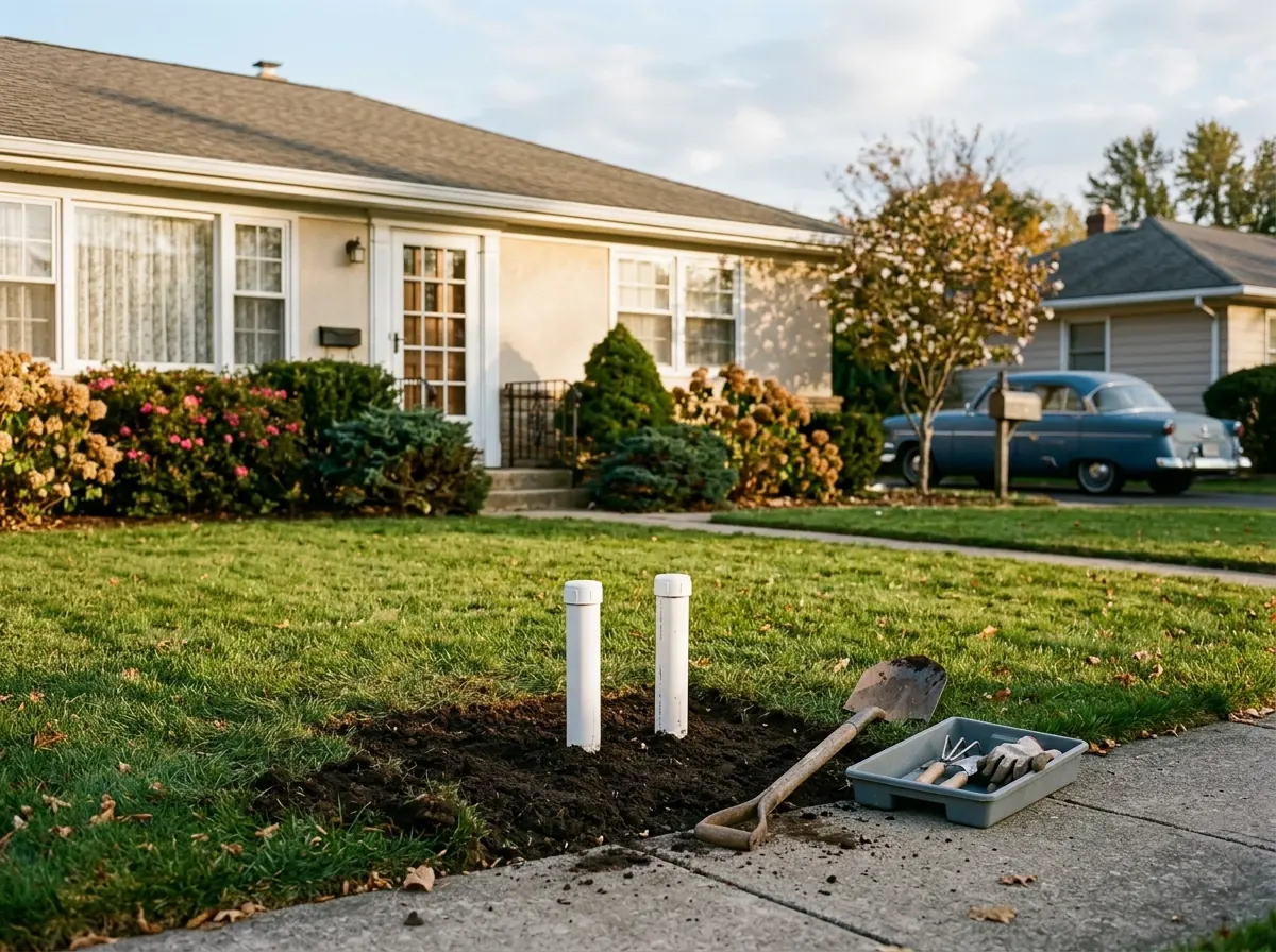 Front lawn of a 1950s stucco ranch house with two short capped white pipes rising side by side from fresh soil near the sidewalk, a shovel and gray tools beside them