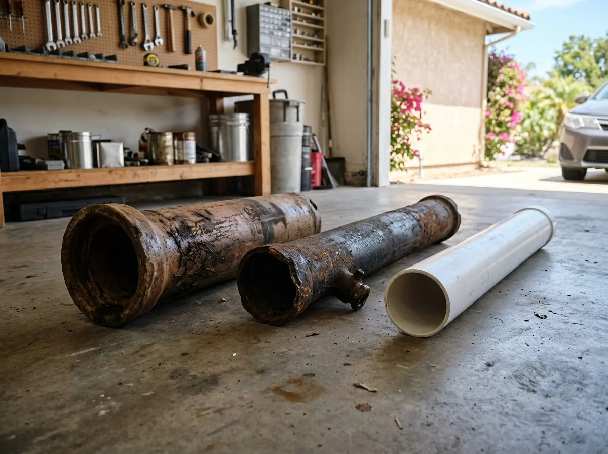 Three short lengths of sewer pipe side by side on a garage floor: brown clay with a root-stained joint, rusty black cast iron and white PVC