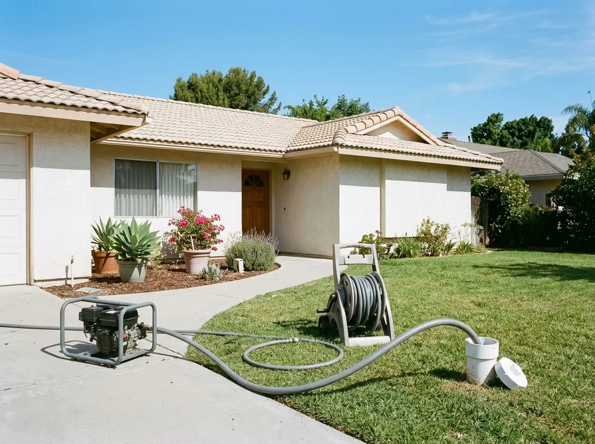 Gray jetter hose fed into an open white cleanout pipe in a front lawn beside a concrete walkway of a single-story stucco house, a hose reel on the grass