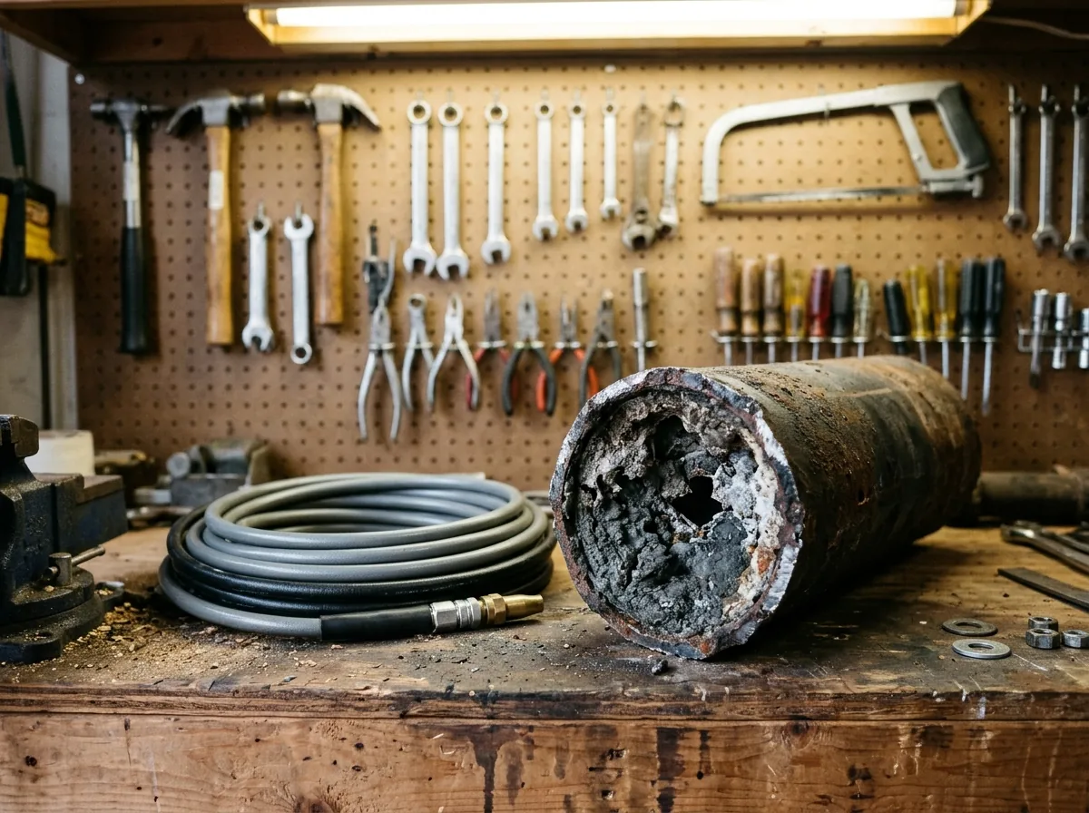 Cut section of old drain pipe on a workbench, its inside narrowed by gray sludge and crusted scale, with a jetter hose beside it