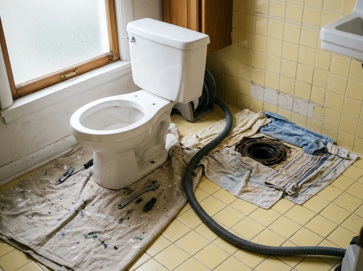 Toilet lifted off its flange and set on a drop cloth in a dated bathroom, a gray jetter hose running into the open floor drain opening
