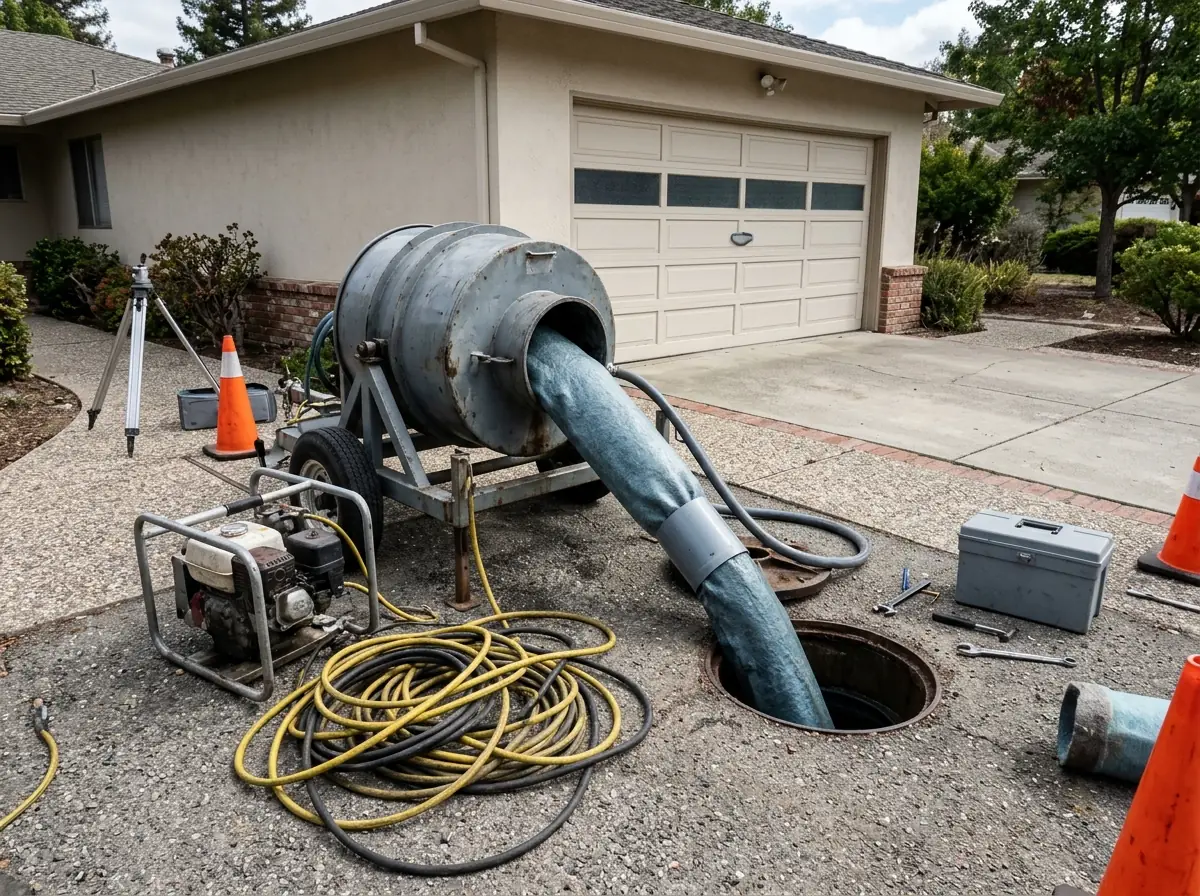 Driveway beside an open sewer cleanout with a gray inversion drum and a soft resin-soaked liner tube feeding into the pipe, hoses and an air compressor nearby