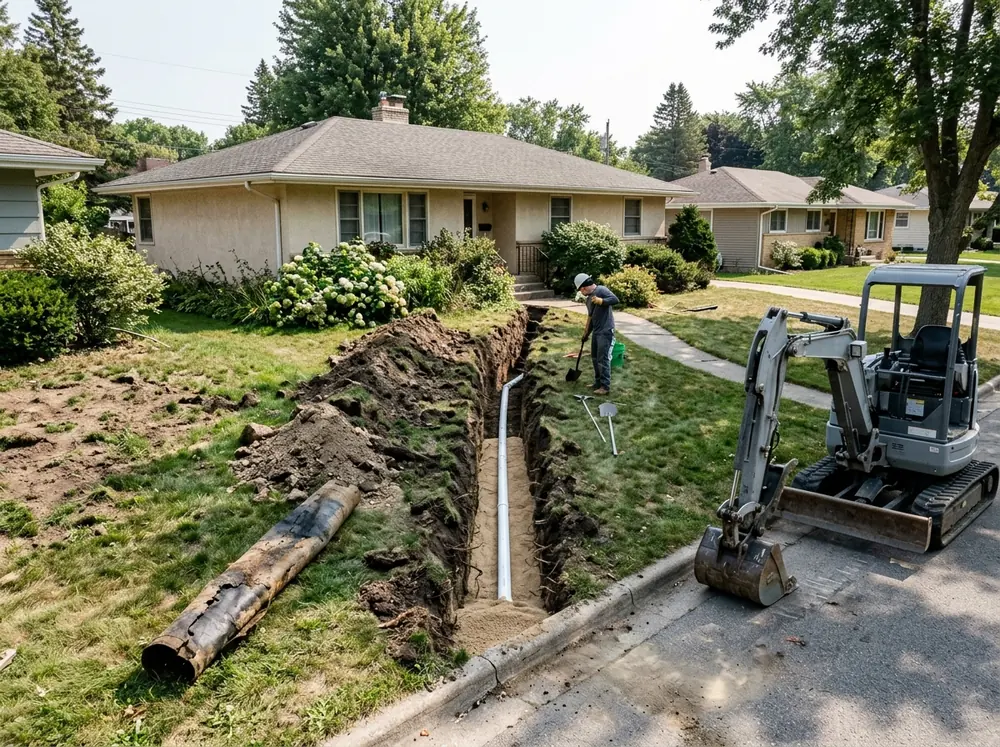 Long open trench across a front yard with a new white PVC sewer lateral bedded in sand, a flattened black tar-paper pipe section set aside on the lawn