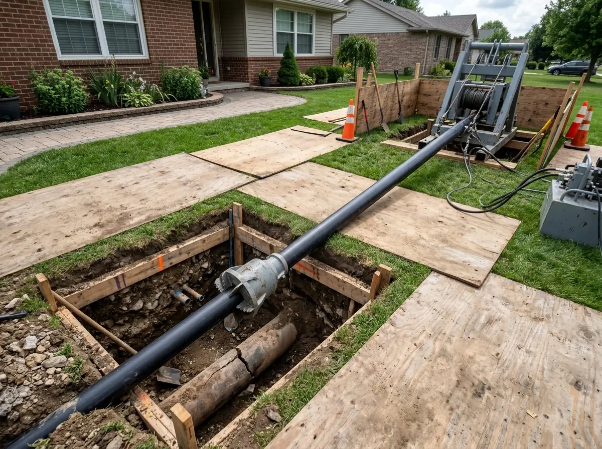 Square excavation pit in a front yard with a gray bursting head and a length of new black HDPE pipe entering the old sewer line, a hydraulic puller on the far side