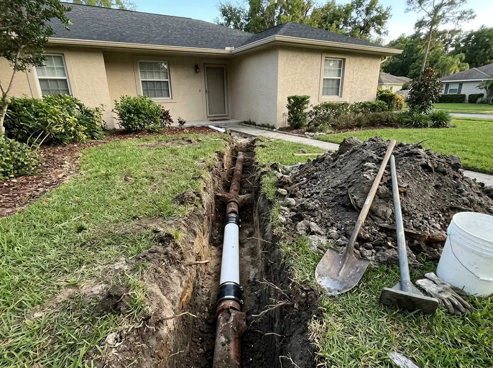 Narrow excavation in a front lawn of a stucco ranch house exposing a clay sewer pipe with a short new white PVC section and rubber couplings fitted in