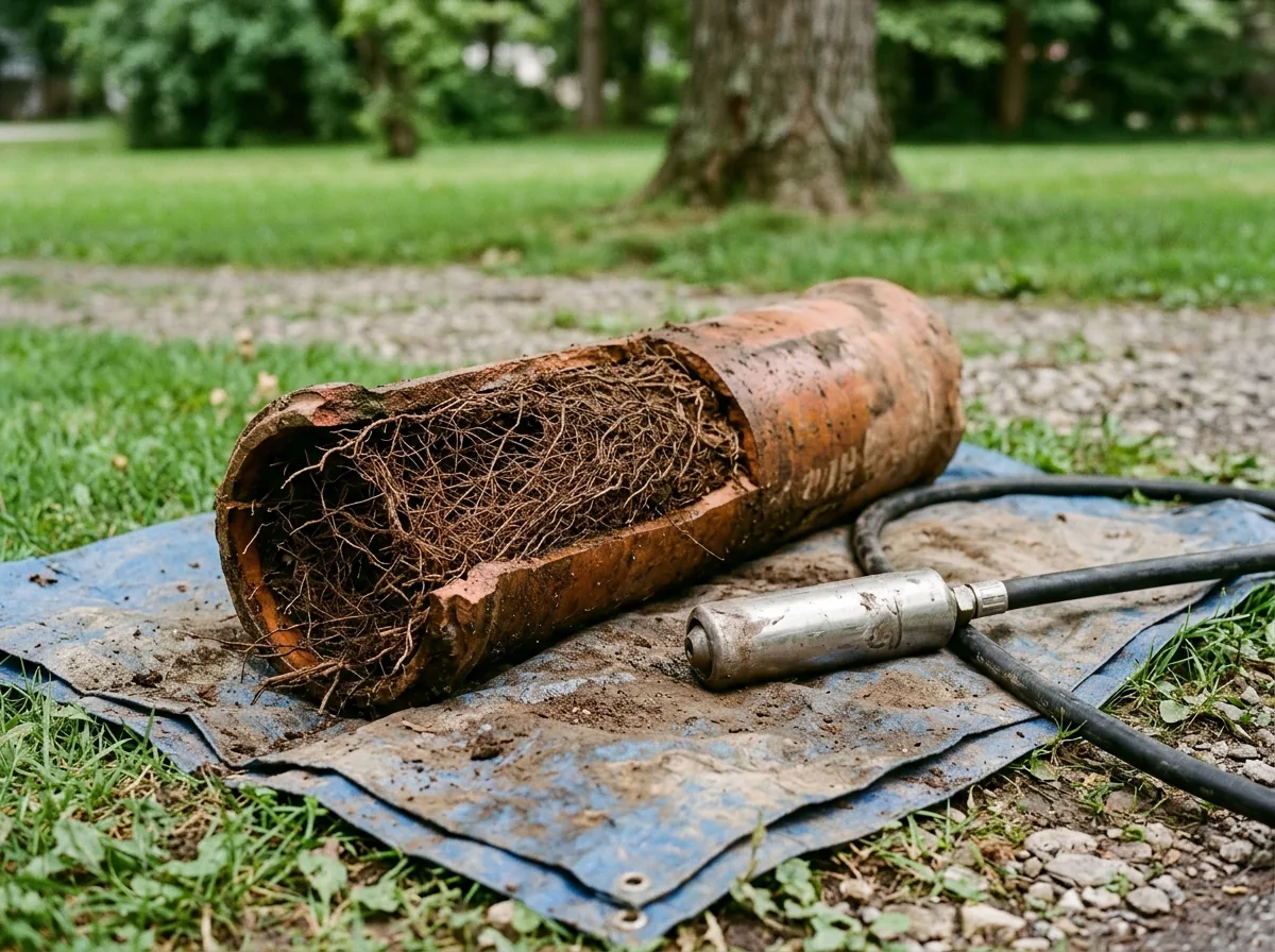 Section of old clay sewer pipe cut open on a tarp, packed with fine tree roots, beside a stainless steel root-cutting jetter nozzle