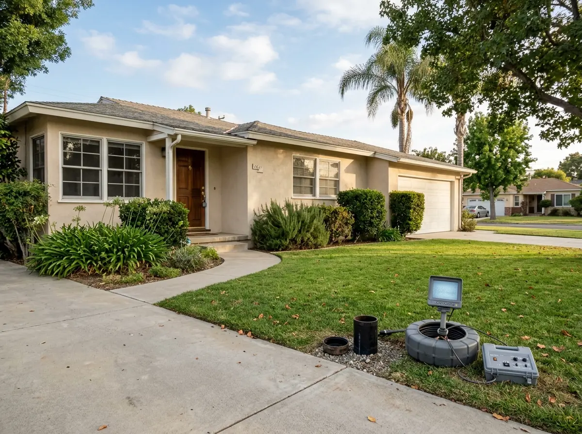 Front yard of a 1960s stucco ranch house for sale, a gray sewer camera reel and small monitor beside an open cleanout near the driveway, a lockbox on the front door