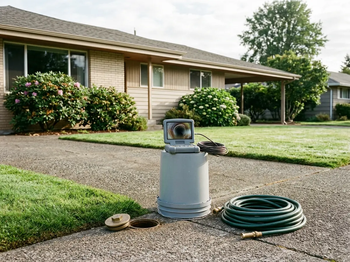 Driveway of a mid-century single-story house with a small gray camera monitor on an upturned bucket showing a pipe interior, the cleanout cap off beside a lawn