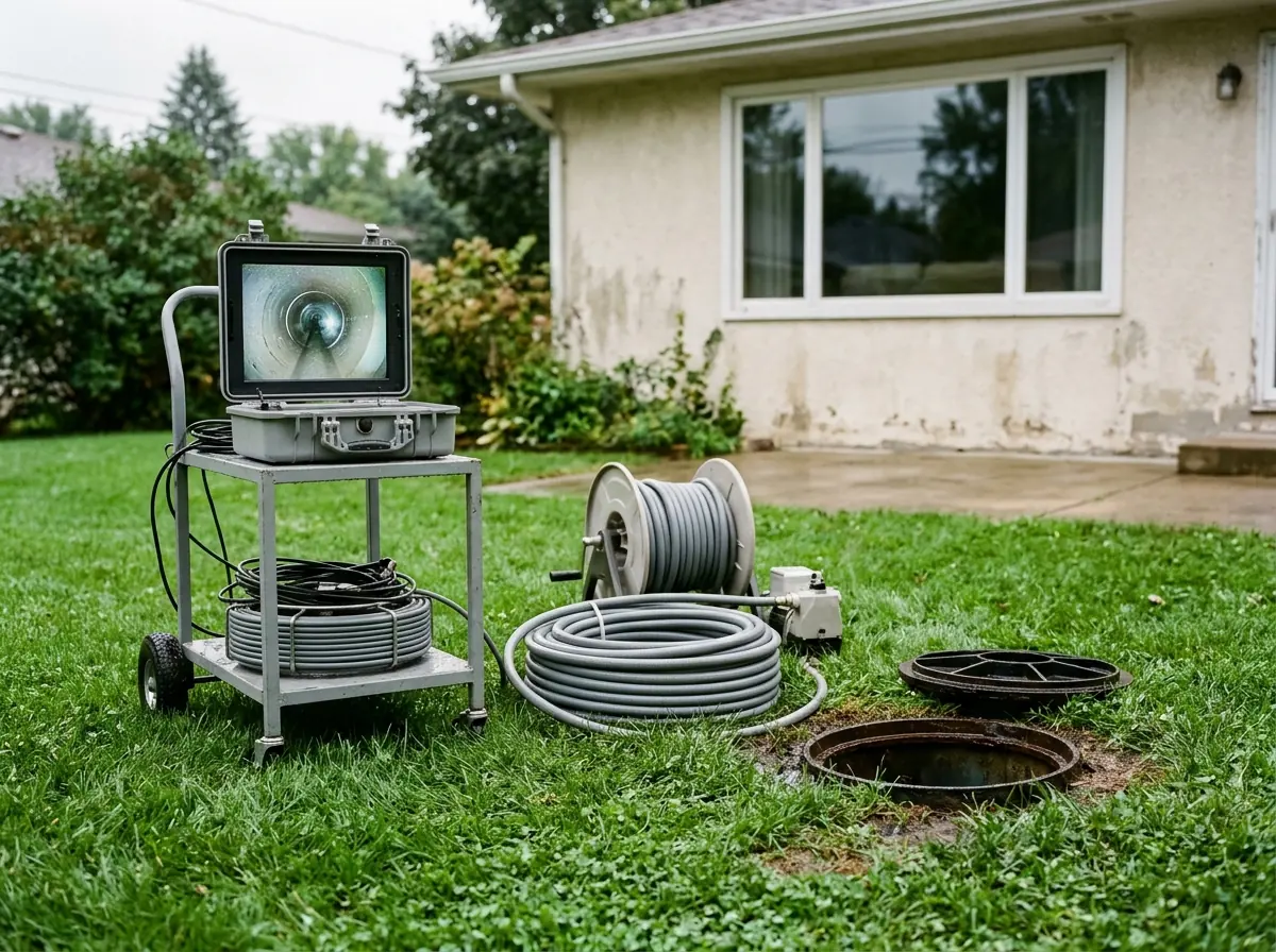Camera monitor on a tailgate-height cart showing a clean round pipe interior, a gray jetter hose coiled on the lawn beside an open cleanout