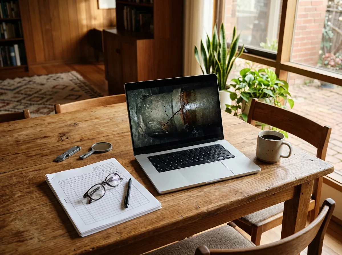 Kitchen table with a laptop paused on a sewer pipe video frame showing a cracked joint, a printed inspection report and reading glasses beside it