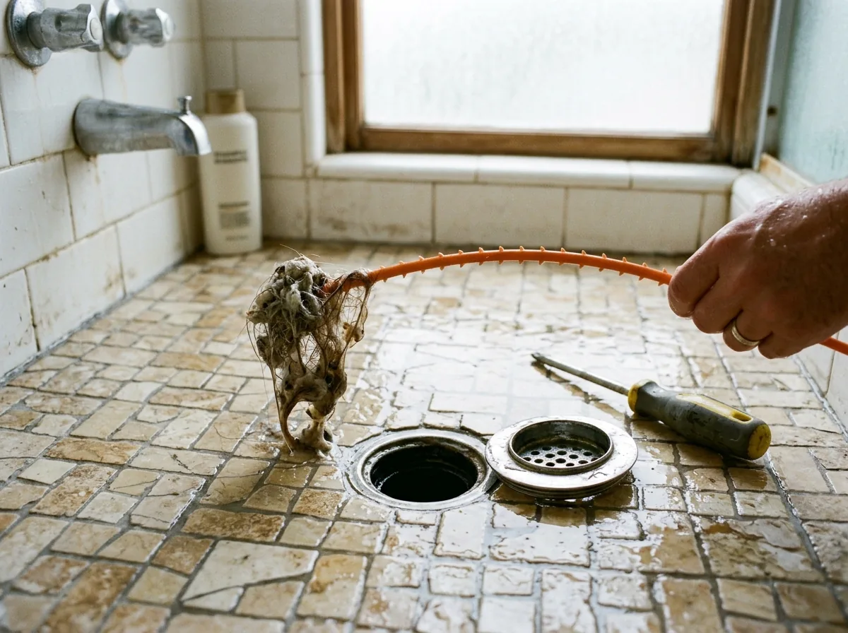 Tiled shower floor with the round strainer unscrewed and set aside, a wet clump of hair and soap scum lifted out of the drain on a plastic hook