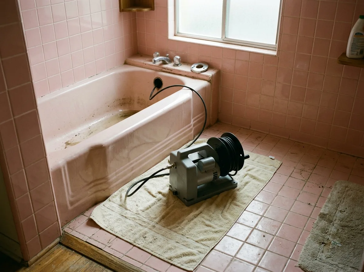 Portable drain jetter on a towel in a dated bathroom with pink wall tile, its thin hose fed down the open tub overflow