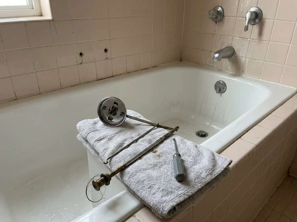 Built-in bathtub with the round overflow plate unscrewed from the end wall and the trip lever linkage laid on a folded towel, hair wound around its lower end
