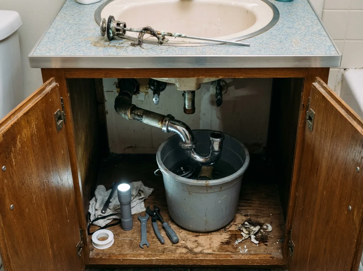 Open bathroom vanity cabinet, the chrome trap removed into a small bucket and the pop-up stopper pulled up from the sink drain with hair and toothpaste wrapped around it