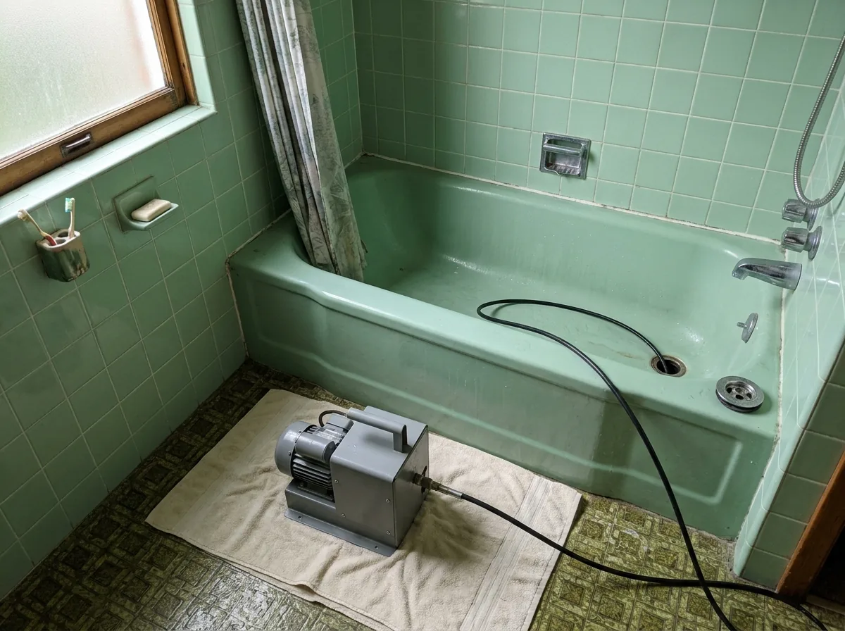 Dated bathroom with pale green tile and built-in tub, the drain cover off and a thin jetting hose running into it from a portable jetter on a towel
