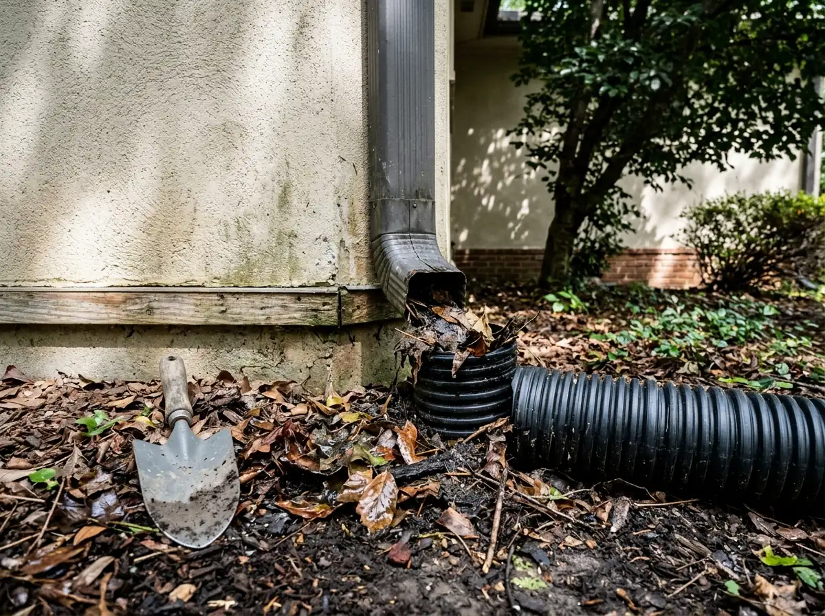 Metal downspout on a stucco house connected into a black corrugated pipe at ground level, the joint pulled apart and packed with leaves and roof grit