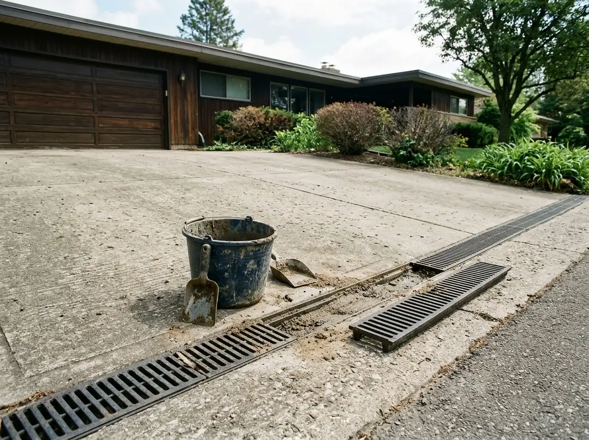 Long narrow channel drain with a slotted metal grate across the foot of a sloped concrete driveway in front of a garage, one grate section lifted and silt in the channel