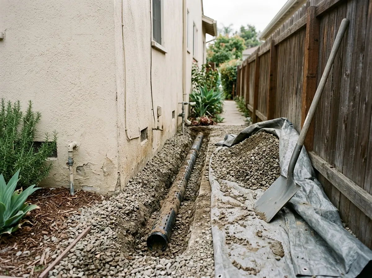 Gravel trench along the side of a stucco house with a section of perforated pipe dug out, its slots clogged with fine silt