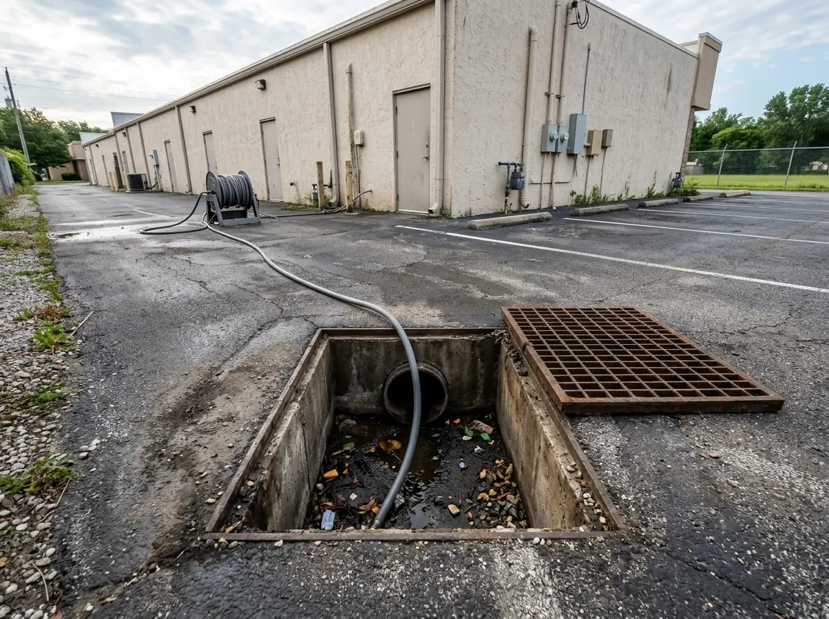Grated catch basin in an asphalt parking lot behind a strip center, the grate set aside and a jetting hose fed into the outlet pipe