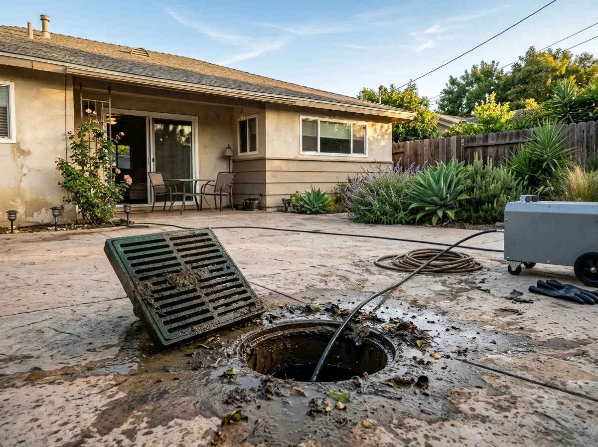 Square green area drain grate lifted out of a stamped concrete patio, a thin jetting hose fed into the opening and mud and leaves around the rim