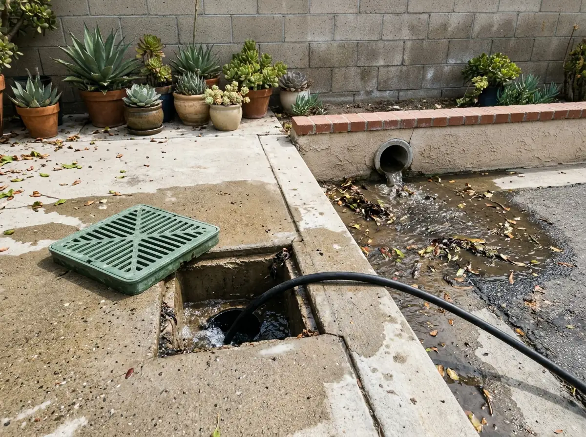Green yard drain grate lifted out of a concrete patio, a jetting hose in the drain and muddy water and leaves flushing from an outlet pipe