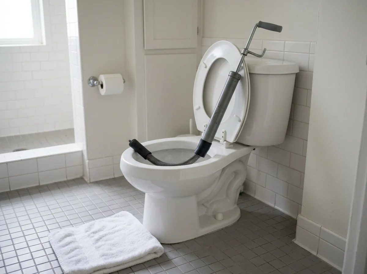Closet auger with a rubber-sleeved bend resting in a white toilet bowl, the crank handle above the rim and a folded towel on the tile floor