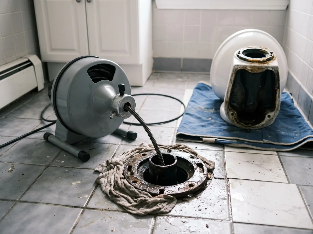 Open floor flange where a toilet has been removed in a small bathroom, a drain cable fed down into the pipe below
