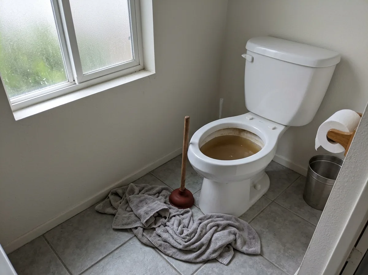 Ground-floor toilet bowl filled to the rim with murky water in a small bathroom, a plunger standing beside it on the tile