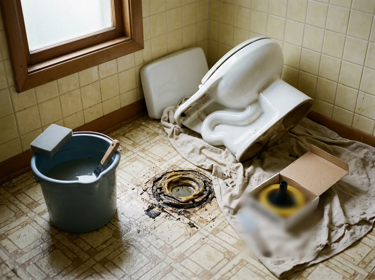 Toilet lifted off its flange and laid on its side on a drop cloth, the old wax ring left on the floor opening