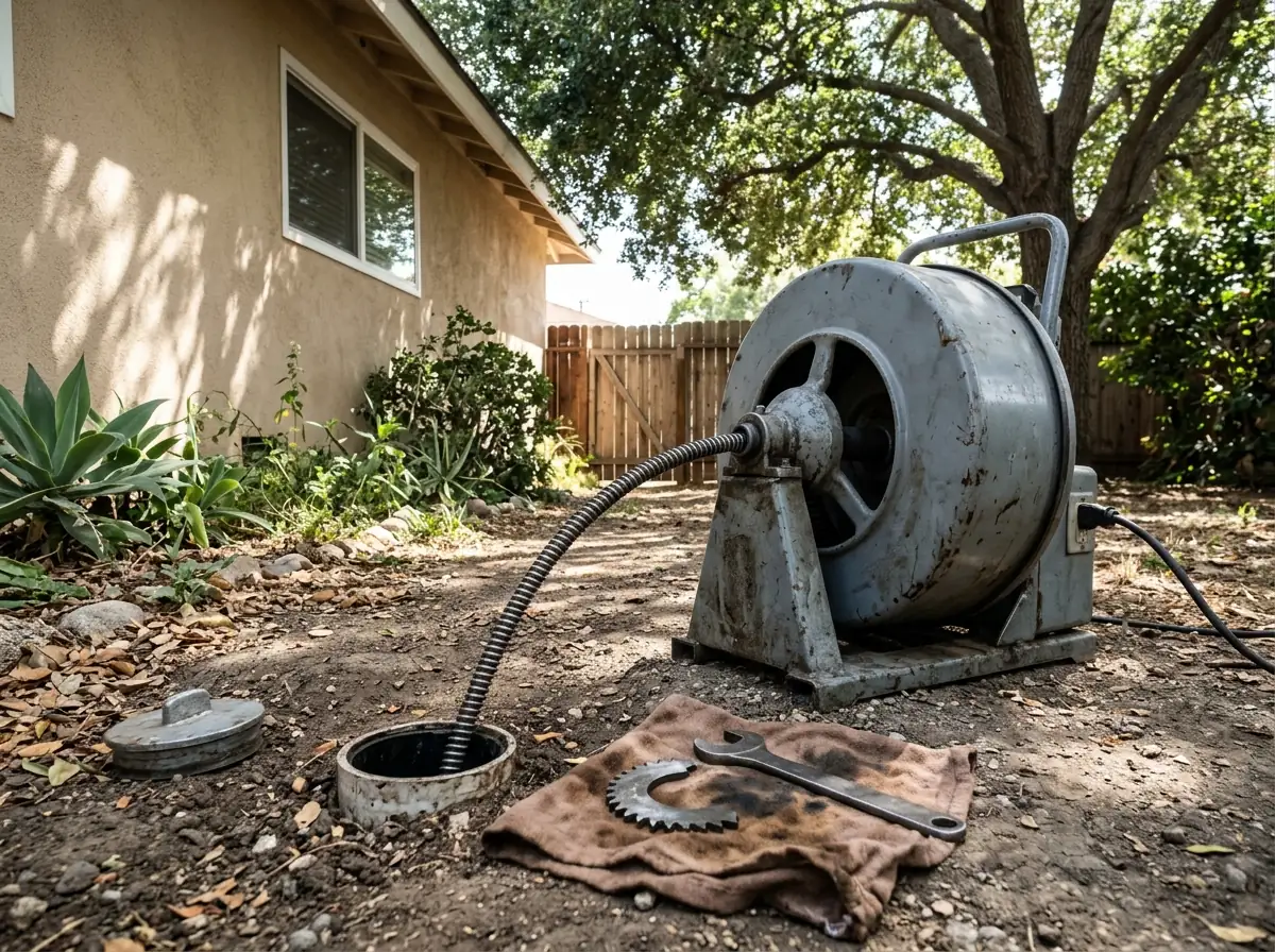 Gray drum-style drain machine at an open cleanout in a side yard, its heavy cable running into the pipe and a toothed C-shaped cutter blade resting on a rag beside it
