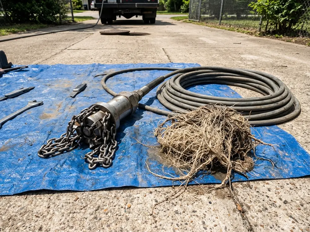 Stainless steel root-cutting jetter nozzle with spinning chains lying on a tarp next to a clump of fine tree roots pulled from a sewer pipe