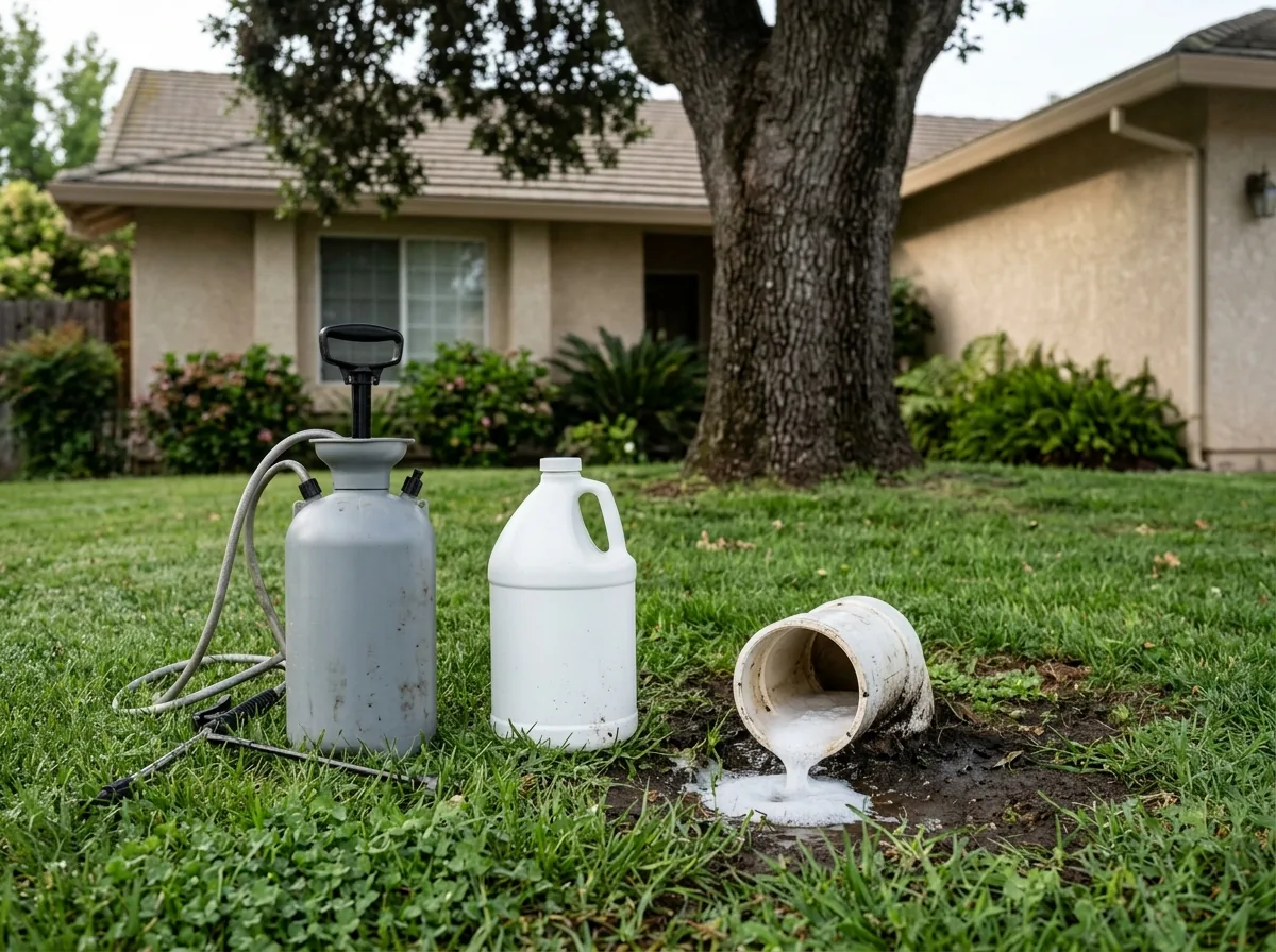 Gray pump sprayer and an unlabeled plastic jug beside an open sewer cleanout in a lawn, a little white foam visible at the mouth of the pipe