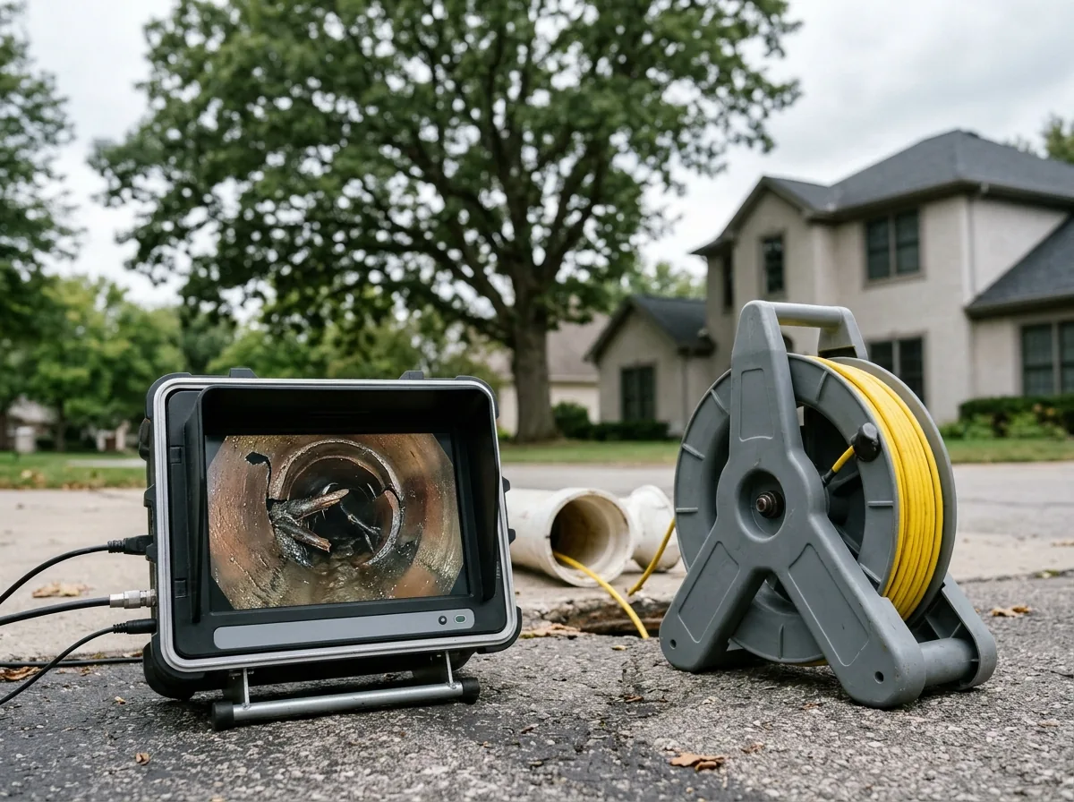 Inspection monitor on a driveway showing a cracked clay pipe joint with a few cut root stubs, a camera reel and an open cleanout beside it